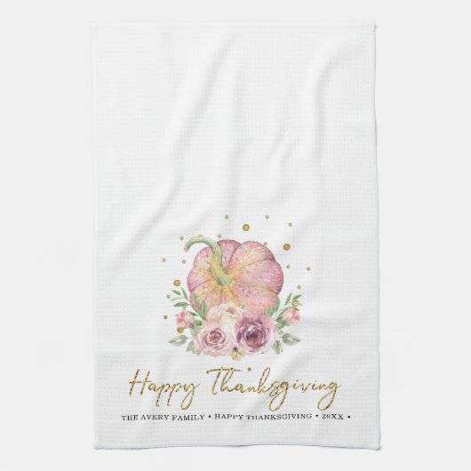 Thanksgiving pompoen roze familienaam theedoek (Verticaal)