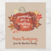 Thanksgiving pompoen Spice Dinner Brown Wine Label Wijn Etiket (Enkel label)