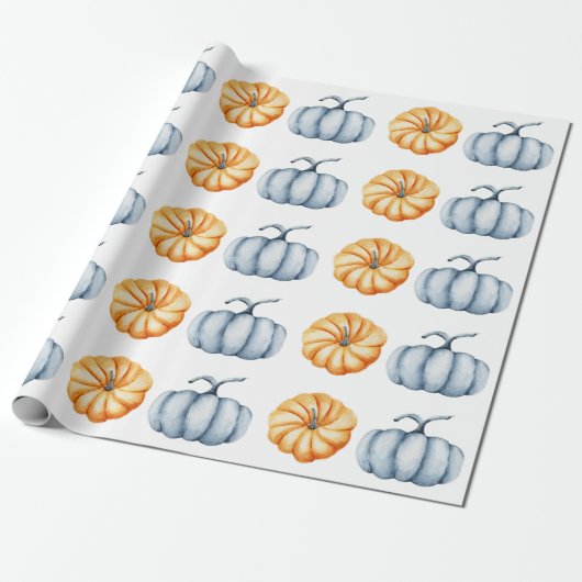 Thanksgiving pompoen waterverf sinaasappel en blau cadeaupapier (Uitgerold)
