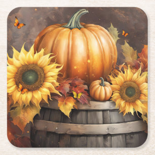 Thanksgiving Pompoen Zonnebloemen Kartonnen Onderzetters
