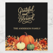 Thanksgiving pompoen zwart Dankbaar gezegend Wijn Etiket (Enkel label)