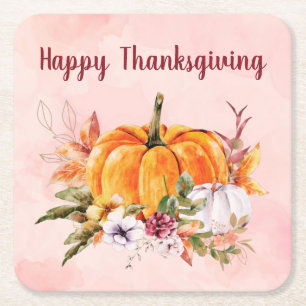Thanksgiving pompoenen en bloemen met tekstvierkan kartonnen onderzetters