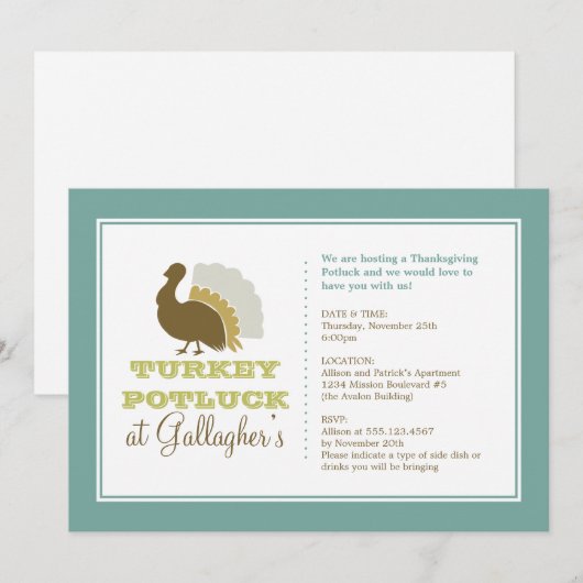 Thanksgiving potluck chic blue green turkey diner kaart (Voorkant / Achterkant)