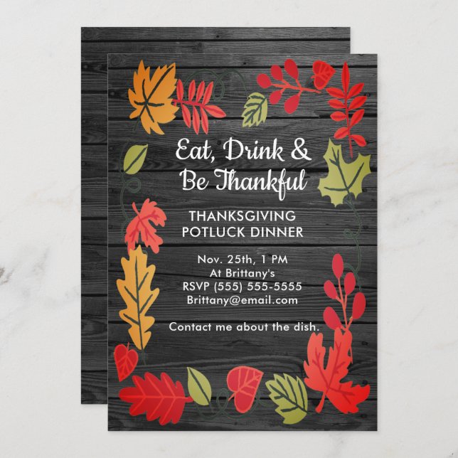 Thanksgiving Potluck Dark Grey Wood Invite (Voorkant / Achterkant)