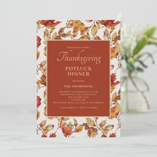 Thanksgiving Potluck Diner Terracotta Foliage Kaart (Staand voorkant)