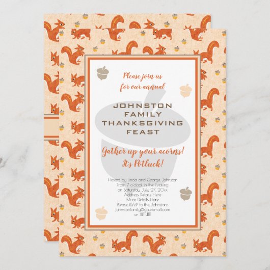 Thanksgiving Potluck Dinner Eekhoorns en eikels Kaart (Voorkant / Achterkant)