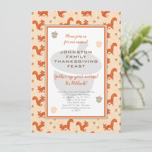 Thanksgiving Potluck Dinner Eekhoorns en eikels Kaart (Staand voorkant)