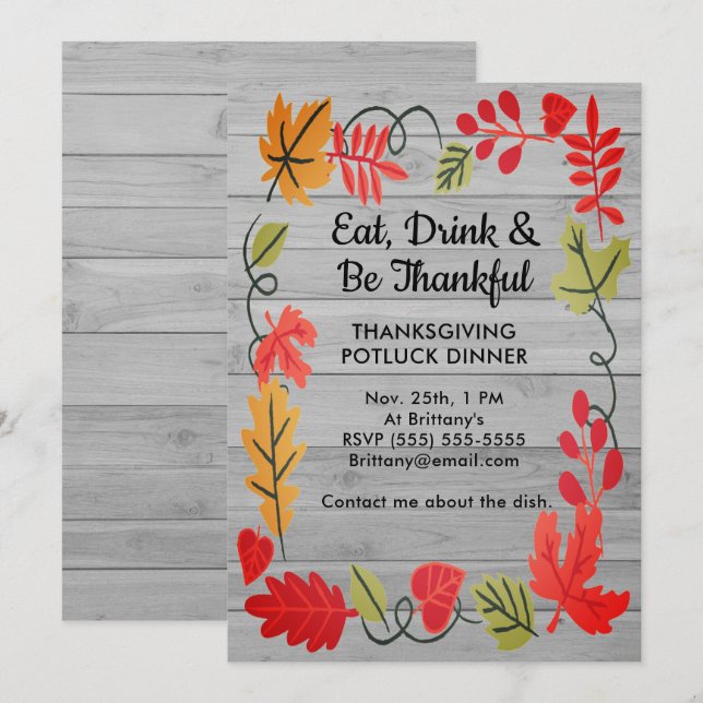 Thanksgiving Potluck Dinner Light Grey Wood Invite (Voorkant / Achterkant)