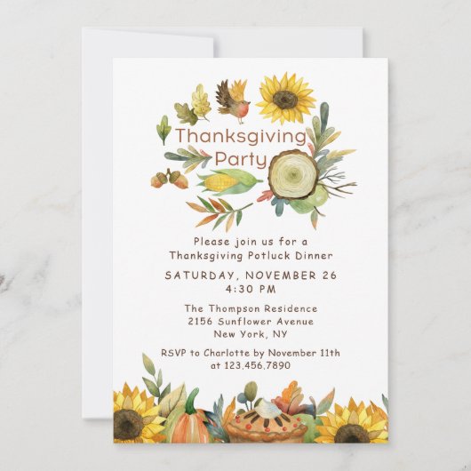 Thanksgiving Potluck Dinner Pumpkin Ziebloemen Kaart (Voorkant)