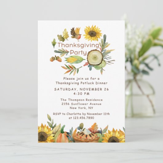 Thanksgiving Potluck Dinner Pumpkin Ziebloemen Kaart (Staand voorkant)