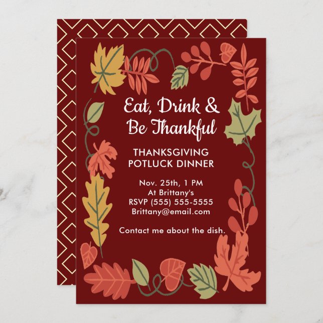 Thanksgiving Potluck Family Dinner Dark Red Invite (Voorkant / Achterkant)