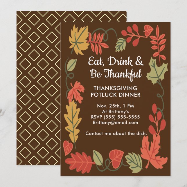 Thanksgiving Potluck Family Dinner DK Brown Invite (Voorkant / Achterkant)
