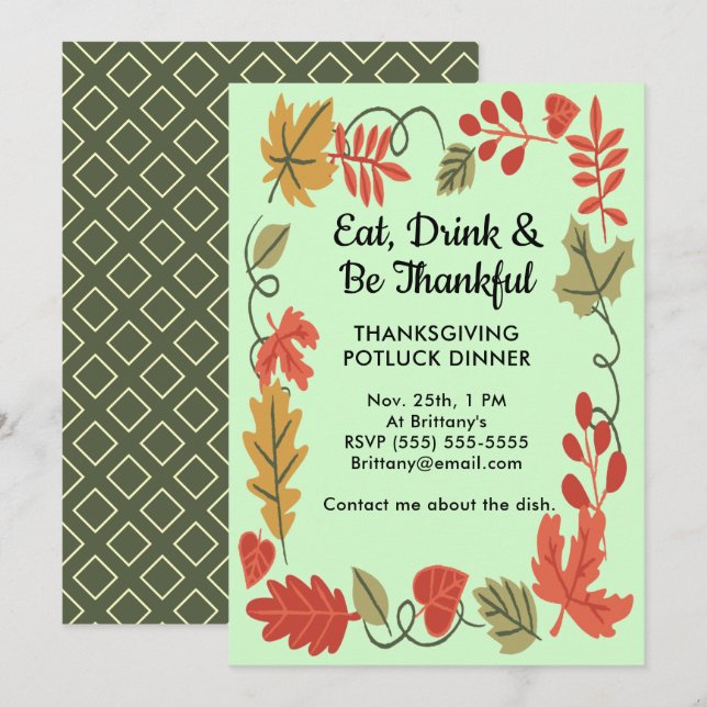 Thanksgiving Potluck Family Dinner Green Invite (Voorkant / Achterkant)