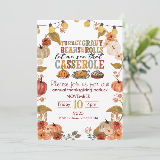 Thanksgiving Potluck Invitation Rustic Fall Party Kaart (Staand voorkant)