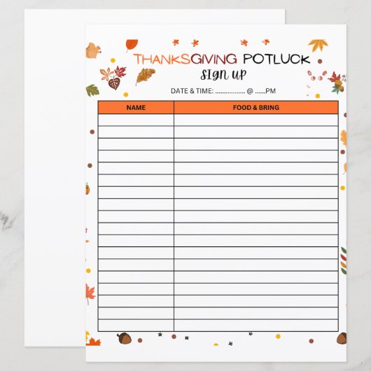 Thanksgiving Potluck Registratieblad voor vakantie (Voorkant / Achterkant)