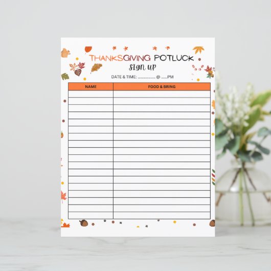 Thanksgiving Potluck Registratieblad voor vakantie (Staand voorkant)