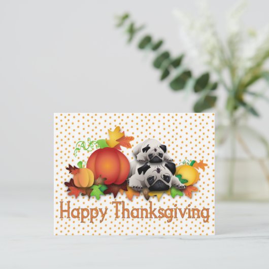 Thanksgiving Pugs en Pomkins Gifts, T - shirts Feestdagenkaart (Staand voorkant)