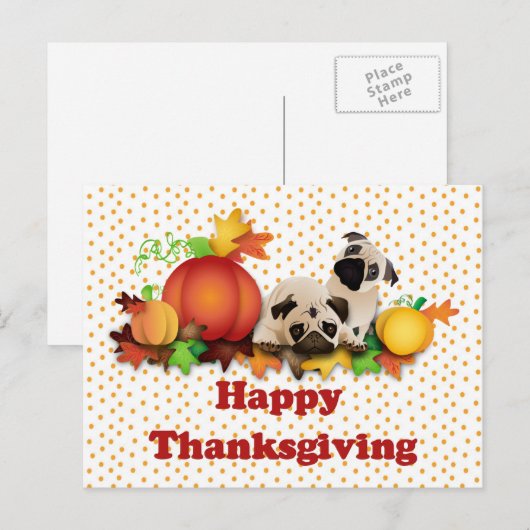 Thanksgiving Pugs en Pompoenen Feestdagenkaart (Voorkant / Achterkant)