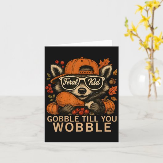Thanksgiving Raccoon Feral Kid Gobble Till You Wob Kaart (Gele Bloem)