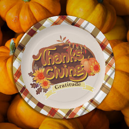 Thanksgiving Retro Plaid Papieren Bordje