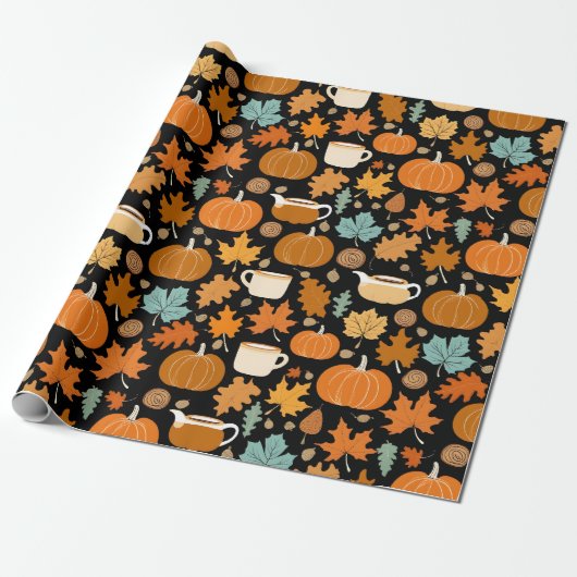 Thanksgiving retro stijl pompoenen esdoorn bladere cadeaupapier (Uitgerold)