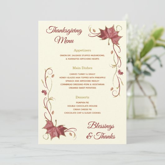 Thanksgiving Rode Maple Bladeren en Zwemmen Menu (Staand voorkant)