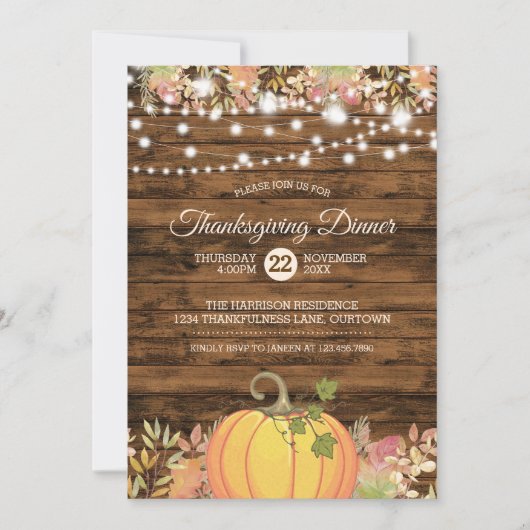 Thanksgiving Rustic Country String Lights Pumpkin Kaart (Voorkant)