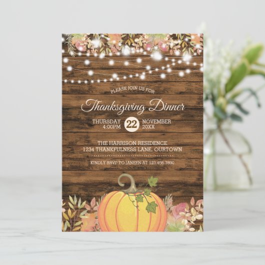 Thanksgiving Rustic Country String Lights Pumpkin Kaart (Staand voorkant)