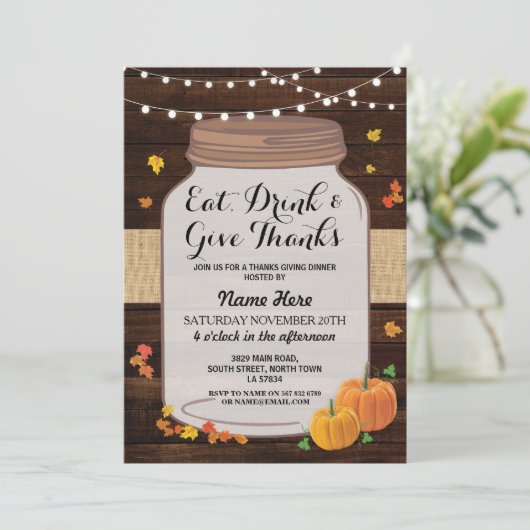 Thanksgiving Rustic Jar Wood Pumpkin Leaf Invite Kaart (Staand voorkant)