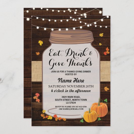 Thanksgiving Rustic Jar Wood Pumpkin Leaf Invite Kaart (Voorkant / Achterkant)