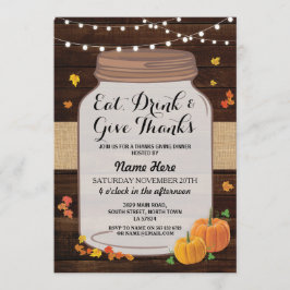 Thanksgiving Rustic Jar Wood Pumpkin Leaf Invite Kaart