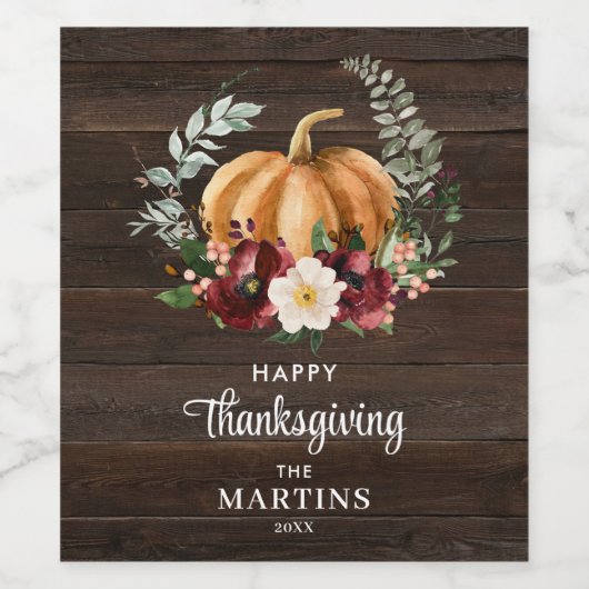 Thanksgiving Rustic Pumpkin Wijn Etiket (Enkel label)