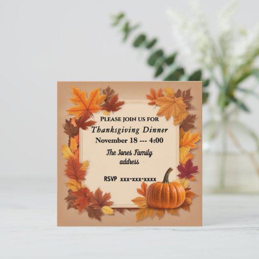 Thanksgiving rustiek diner met pompoen en bladeren save the date (Staand voorkant)