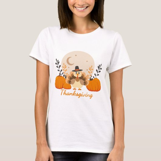 Thanksgiving Schattigee Oranje Turkije Pompoen T-shirt (Voorkant)