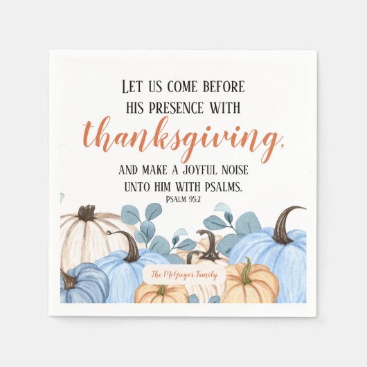 Thanksgiving Schrift Blauw Pompoen Patch Familie Servet (Voorkant)