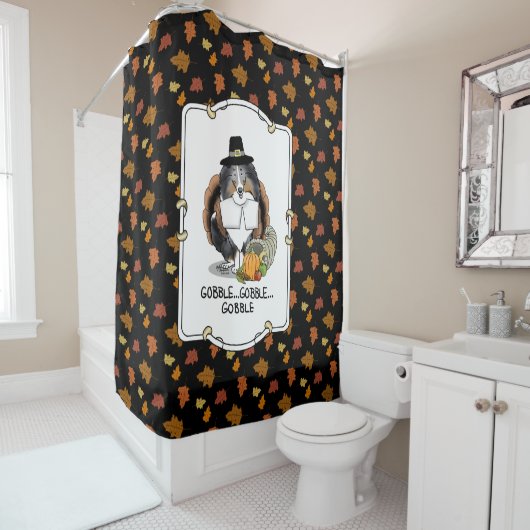 Thanksgiving Shetland Sheepdog (blue merle) Funny Douchegordijn (In situ)