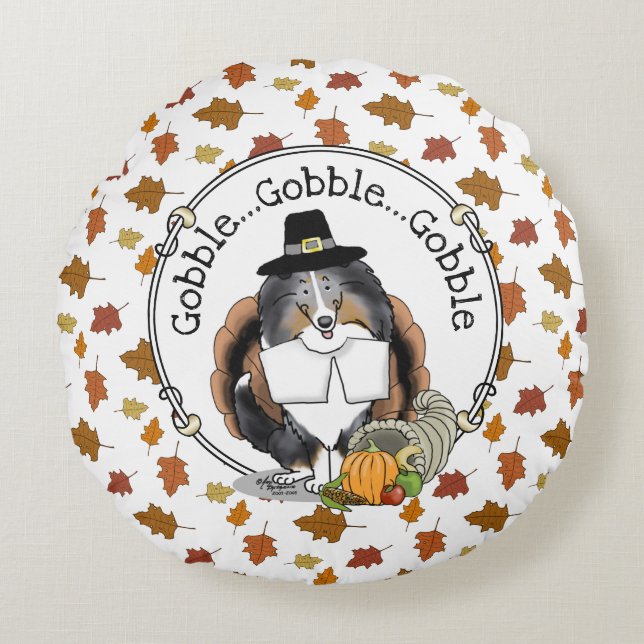 Thanksgiving Shetland Sheepdog (blue merle) Funny Rond Kussen (Voorkant)