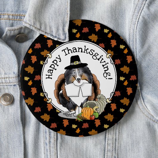 Thanksgiving Shetland Sheepdog (blue merle) Funny Ronde Button 6,0 Cm (In situ)