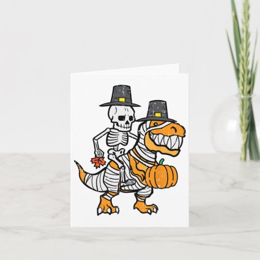 Thanksgiving skelet op Trex Dino Herfst Boys Kinde Kaart (Voorkant)