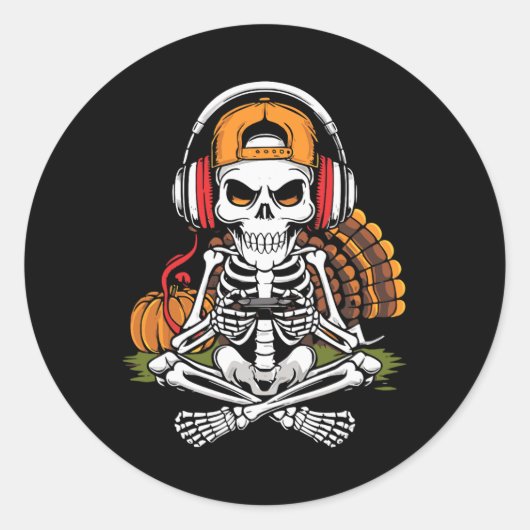 Thanksgiving Skeleton Gamer Video Gaming Boys Mann Ronde Sticker (Voorkant)