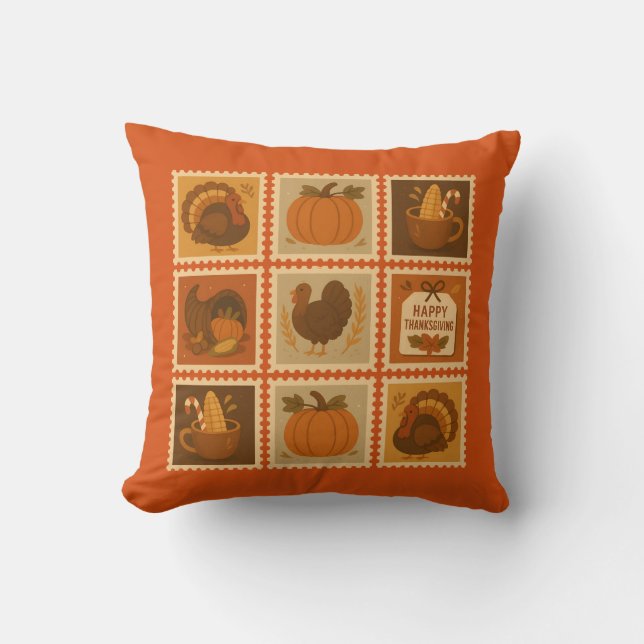 Thanksgiving Stamp Collage Decoratief Kussen (Voorkant)