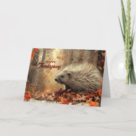 Thanksgiving  stekelvarken in herfstbladeren feestdagen kaart (Voorkant)