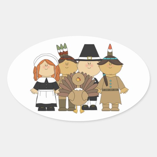 Thanksgiving Stickers/Pelgrims en Indianen Ovale Sticker (Voorkant)
