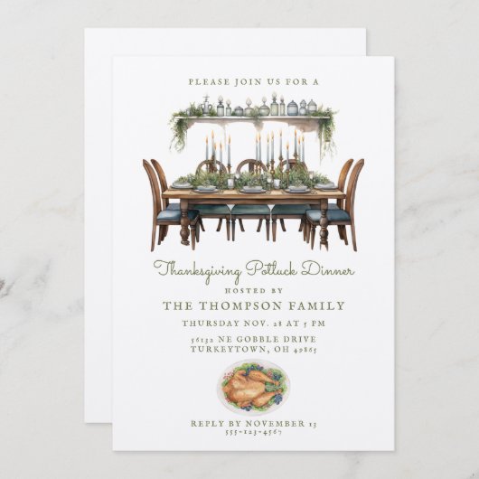 Thanksgiving tabel | Potluck diner uitnodiging (Voorkant / Achterkant)