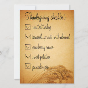 Thanksgiving Tarwe Food Checklist Kaart