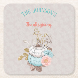 Thanksgiving Taupe Aqua Koraal Pompoenen Kalkoen Kartonnen Onderzetters