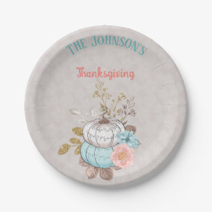 Thanksgiving Taupe Aqua Koraal Pompoenen Kalkoen Papieren Bordje