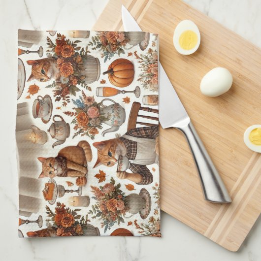 Thanksgiving thema voor Cat Lover Theedoek (Quarter Fold)