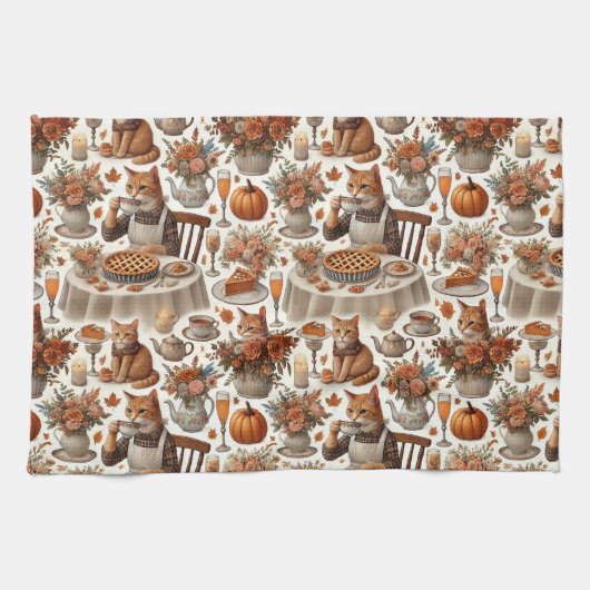 Thanksgiving thema voor Cat Lover Theedoek (Horizontaal)