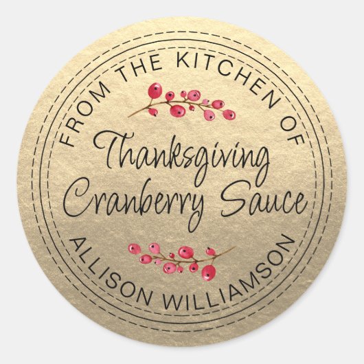 Thanksgiving Thuisgemaakte Cranberry Saus Gold Ronde Sticker (Voorkant)
